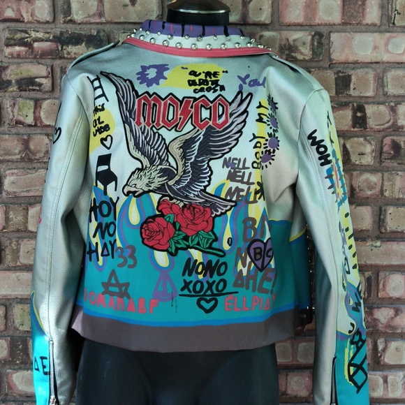 Robert Phillipe Graphic Cropped Jacket Faux Leather Biker Rocker Studded XL - Picture 12 of 13